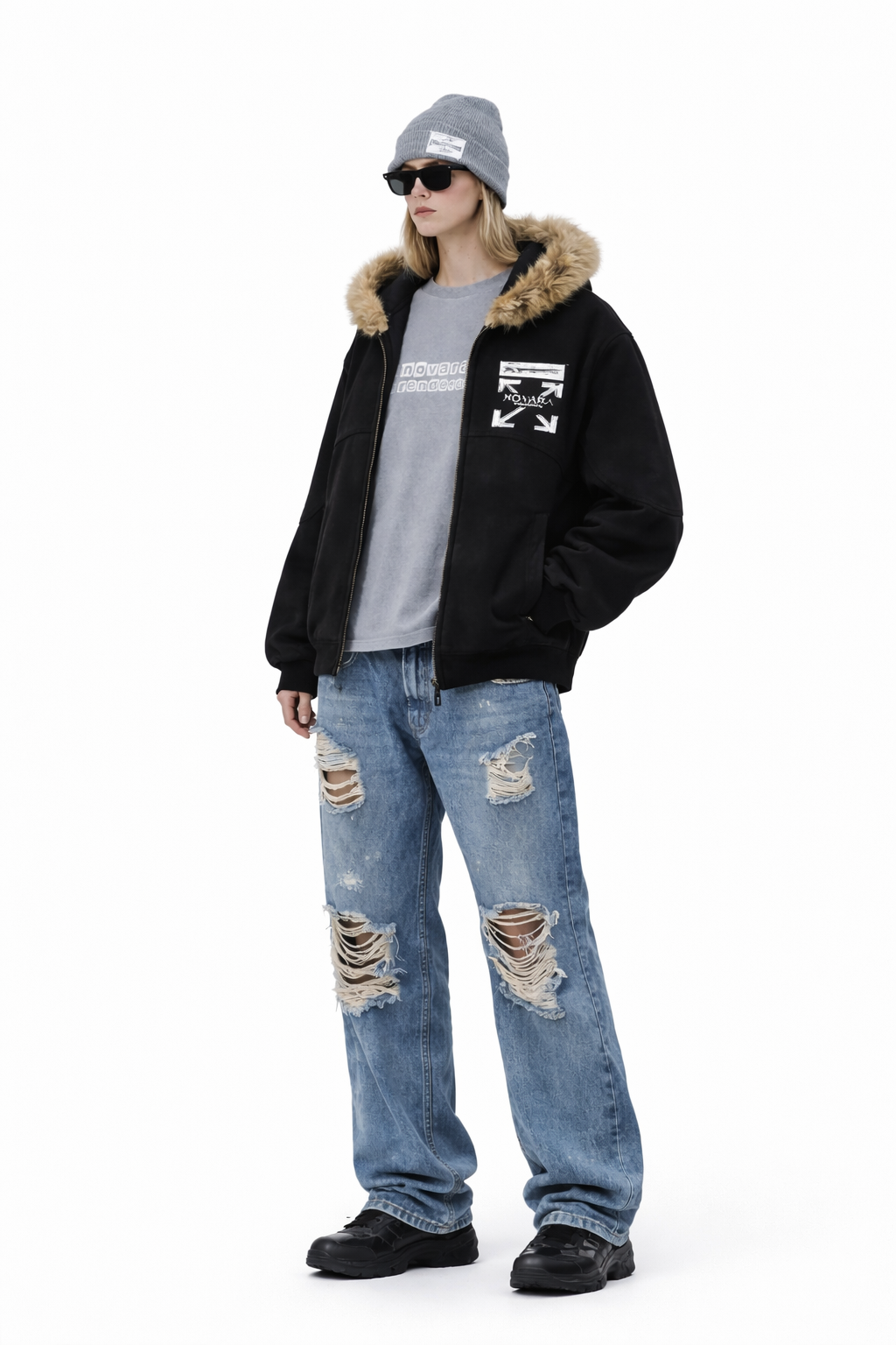 Sun Fade Boxy Detachable Fur Hoodie Novara Shop Novara Studio