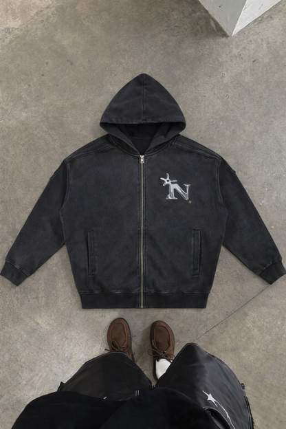 Snow Washed Tape Raw Edge Zip Hoodie Novara Shop   Novara Shop