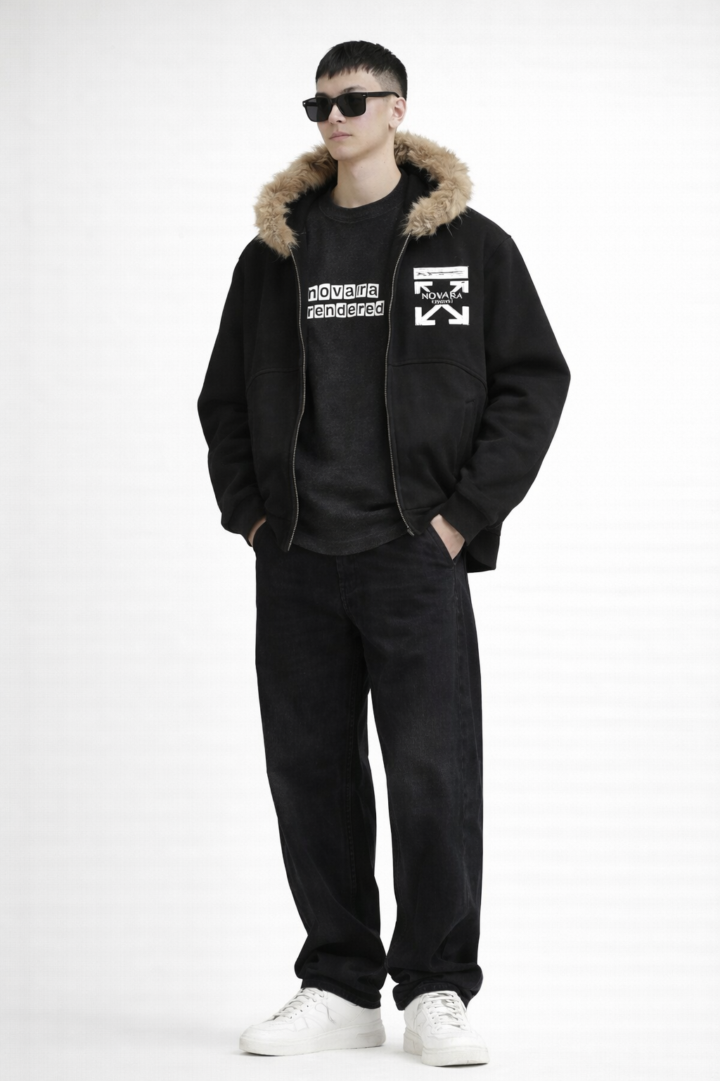 Sun Fade Boxy Detachable Fur Hoodie Novara Shop   Novara Studio