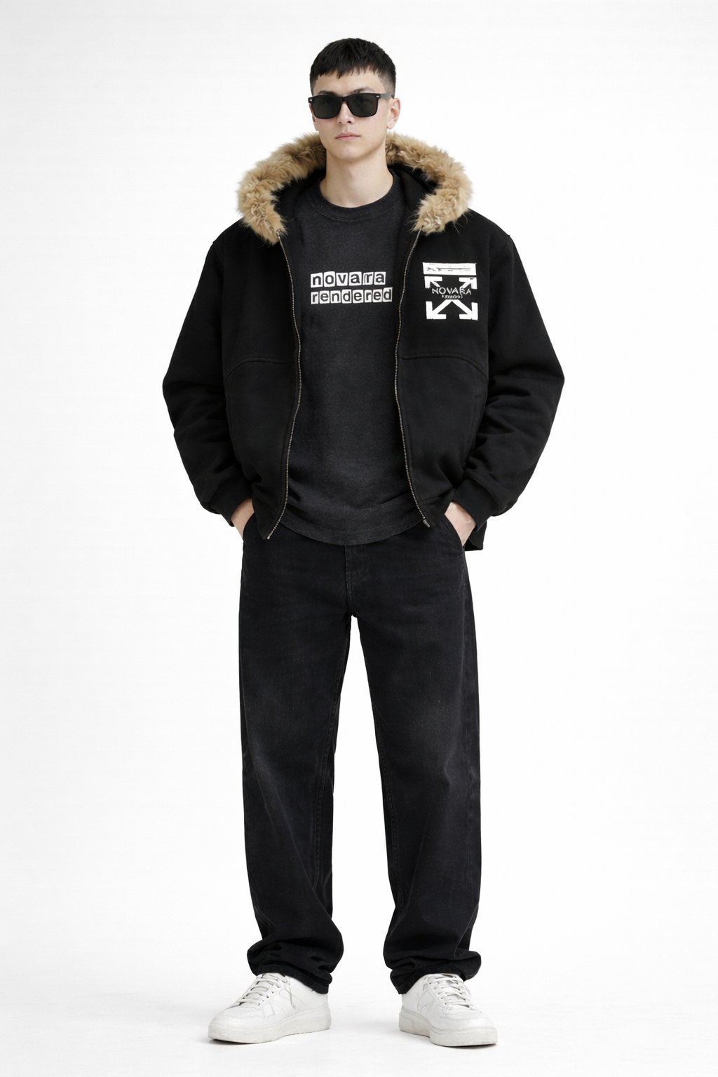 Sun Fade Boxy Detachable Fur Hoodie Novara Shop   Novara Studio