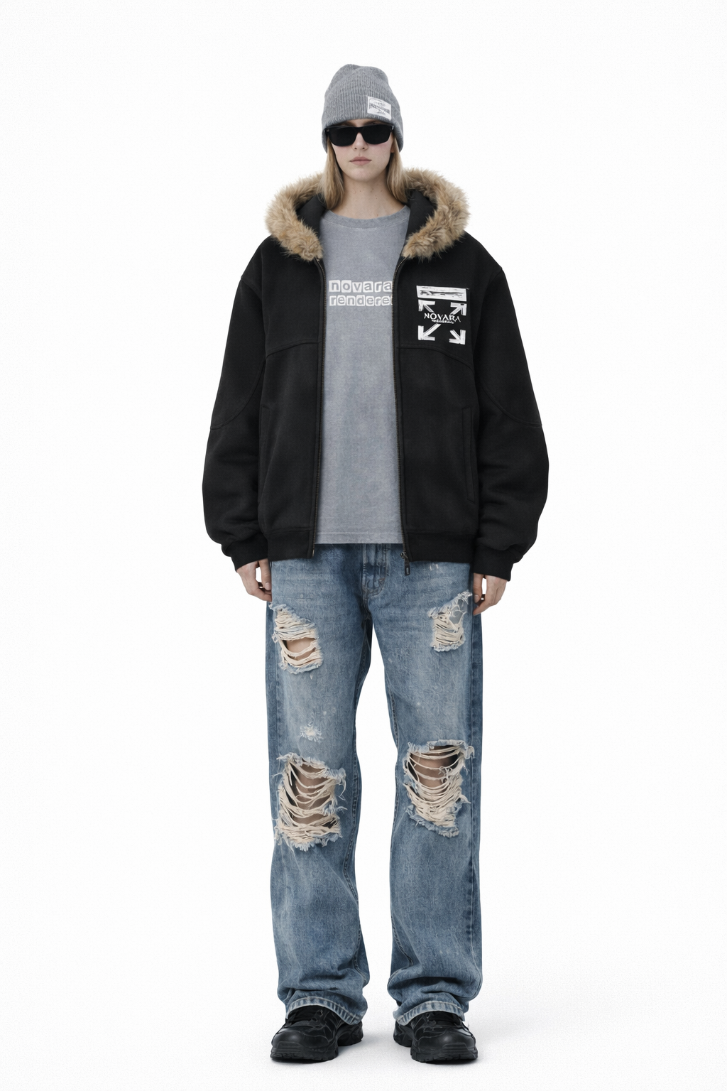 Sun Fade Boxy Detachable Fur Hoodie Novara Shop   Novara Studio