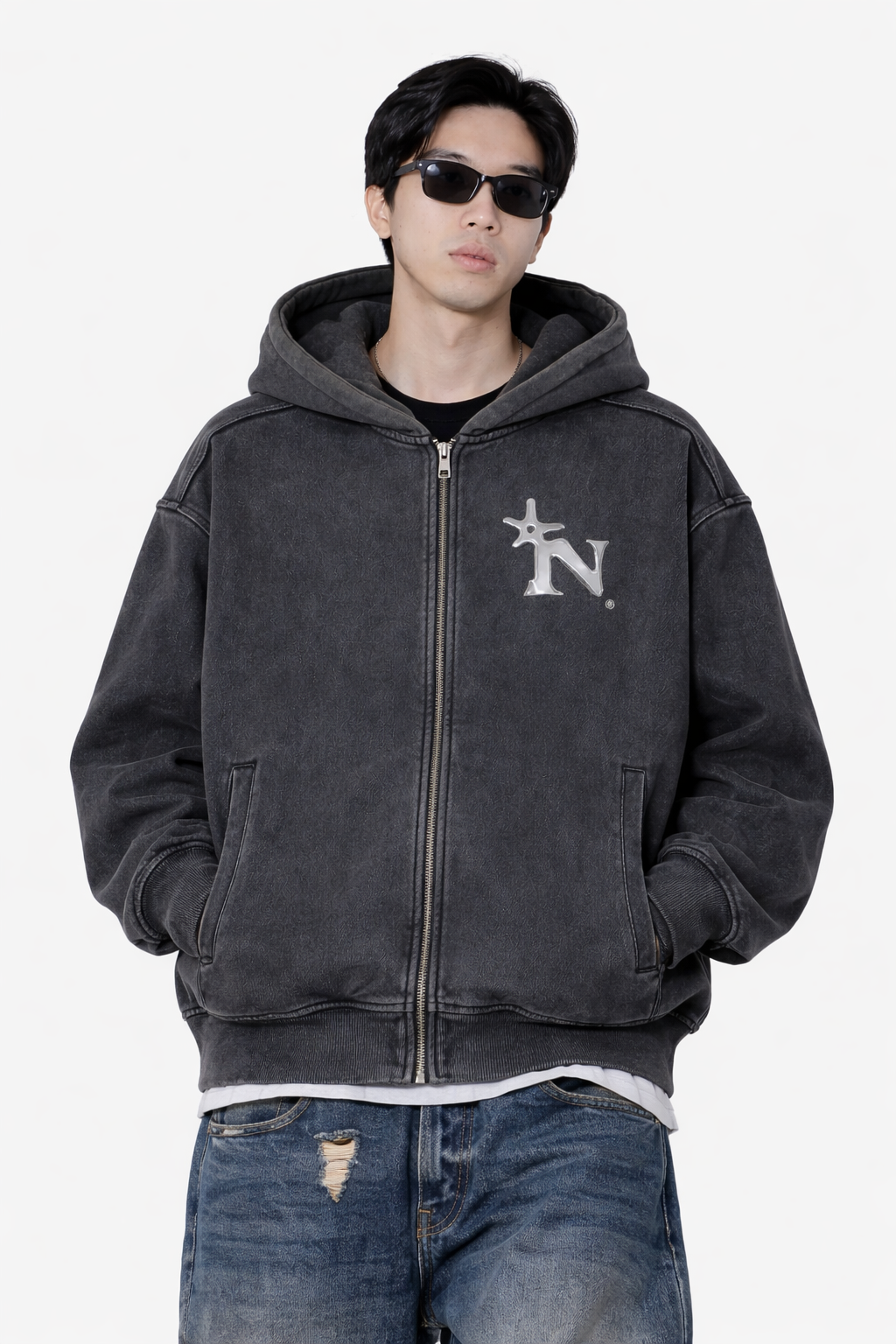 Snow Washed Tape Raw Edge Zip Hoodie Novara Shop   Novara Studio
