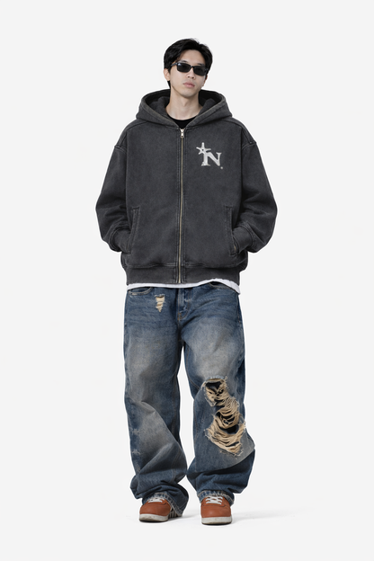 Snow Washed Tape Raw Edge Zip Hoodie Novara Shop   Novara Studio