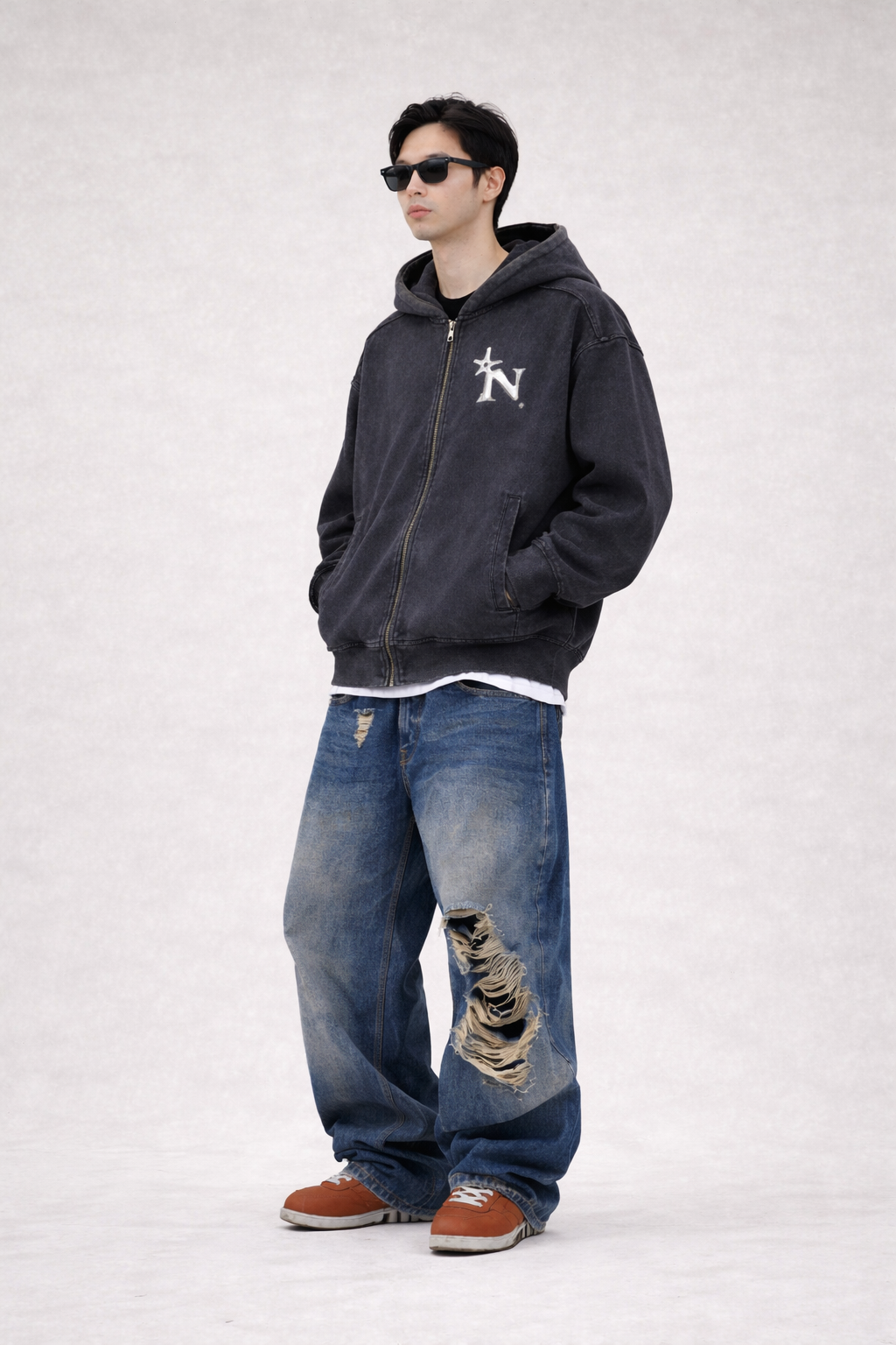 Snow Washed Tape Raw Edge Zip Hoodie Novara Shop   Novara Studio