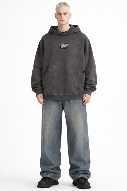 Snow Washed Distressed Panel Pocket Hoodie Novara Shop   Novara Studio