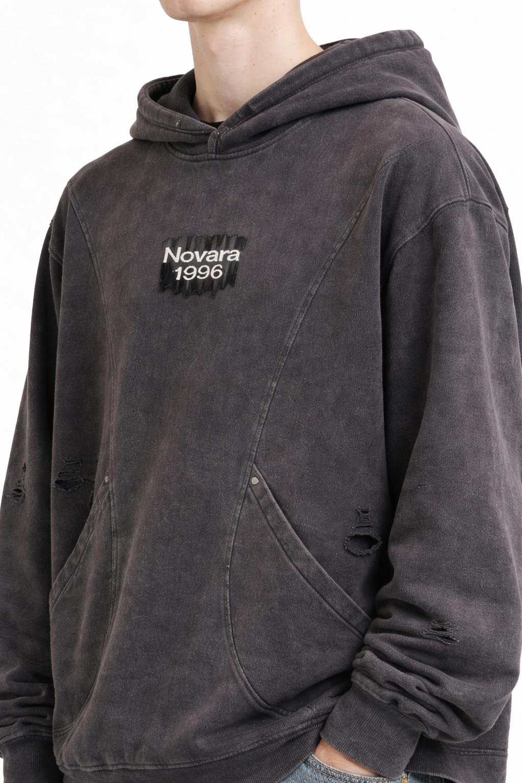 Snow Washed Distressed Panel Pocket Hoodie Novara Shop   Novara Studio