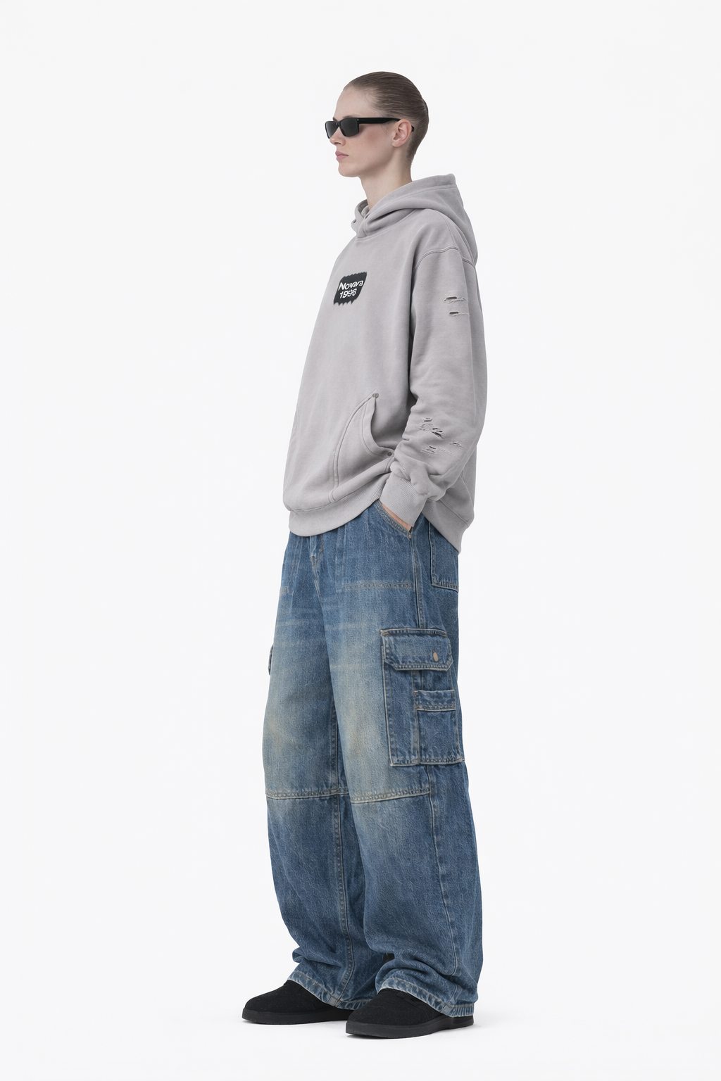 Snow Washed Distressed Panel Pocket Hoodie Novara Shop   Novara Studio