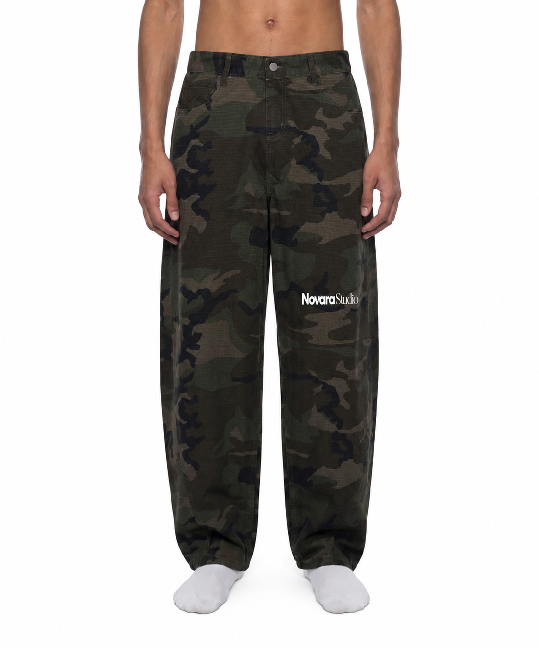 Men’s Camo Barrel Leg Cargo Pants ODMPOD   Novara Studio