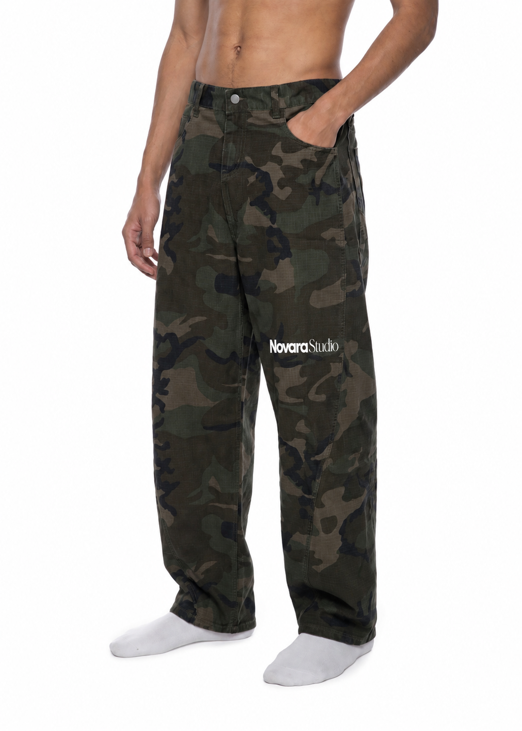 Men’s Camo Barrel Leg Cargo Pants ODMPOD   Novara Studio